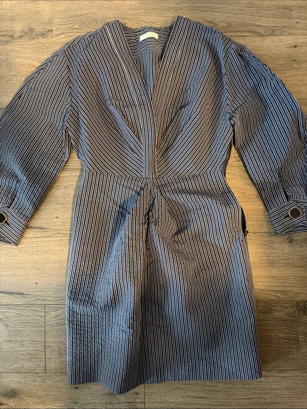 Sandro Striped V-Neck Long Sleeve Dress in Navy and White